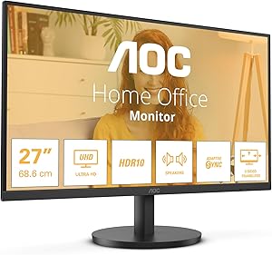 AOC U27B3A – 27 Inch UHD 4K, 60Hz, IPS, 4ms, HDR10, 3 side Frameless, Speakers, LowBlue Light, FlickerFree (3840 x 2160,35…