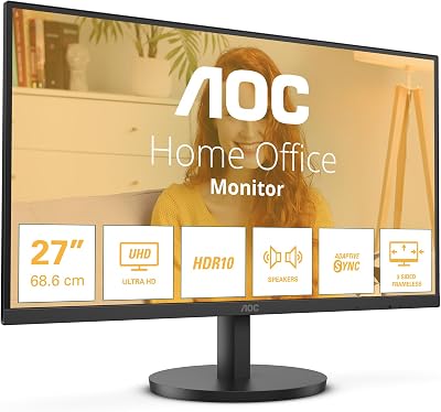 AOC U27B3A Monitor 27 Pulgadas 60Hz Panel IPS, 4ms GtG, HDR10, Altavoces, (3840×2160 HDMI 2X 2.0 DP 1x 1.4) Negro