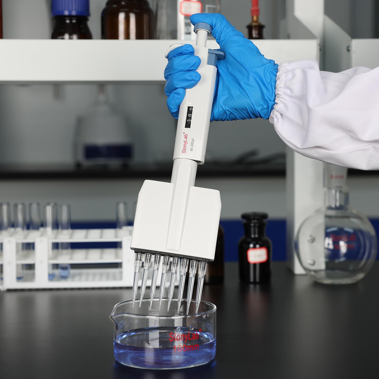stonylab Controlador de Pipeta de 8 Canales, Pipeta Multicanal de Volumen Variable Ajustable con Cono de Punta Autoclavable, Multichannel Pipette para Investigación de Laboratorio, 50-300µL