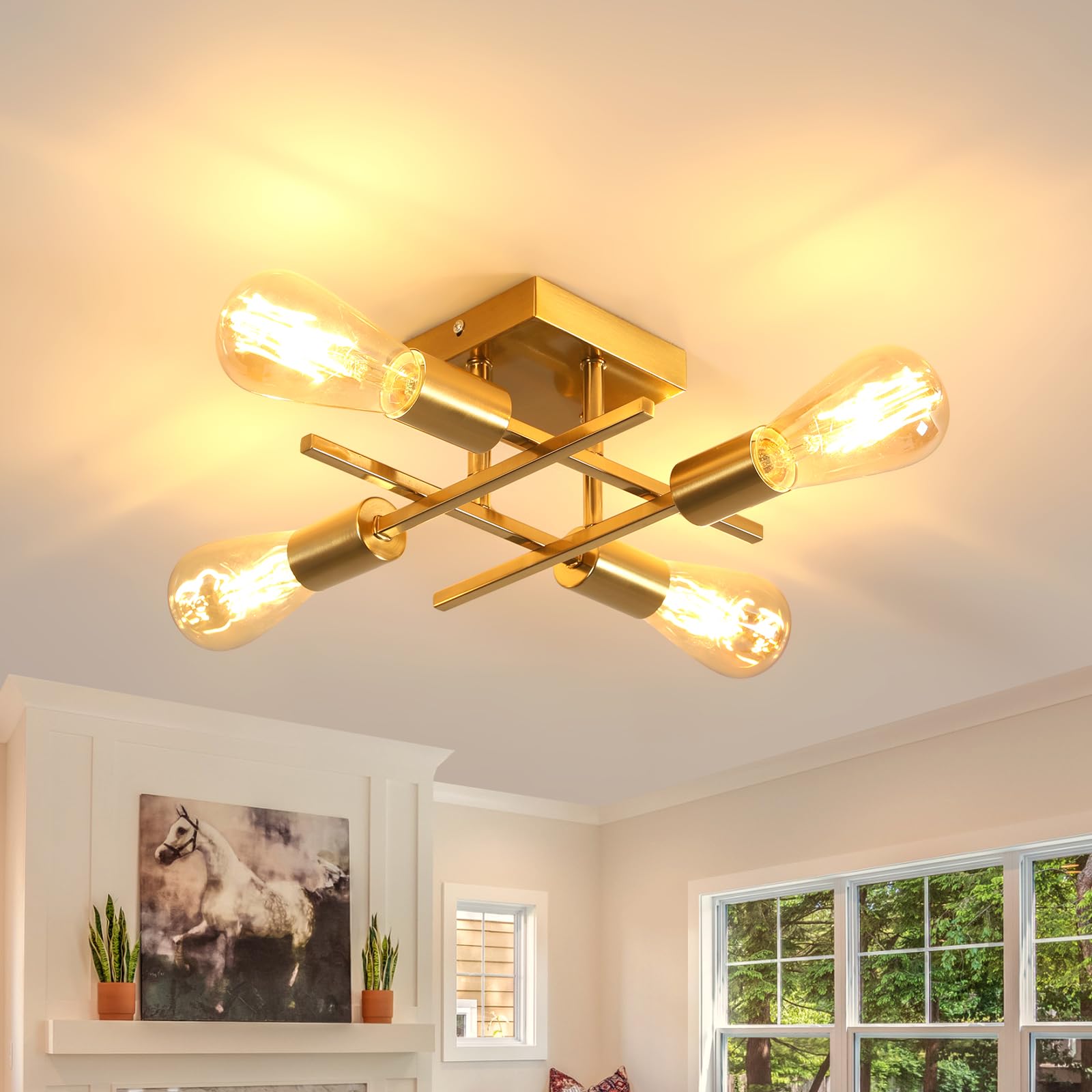 Pheashine Gold Flush Mount Ceiling Light Fixture, 4-Light Industrial Ceiling Light with E27 Bulb Base