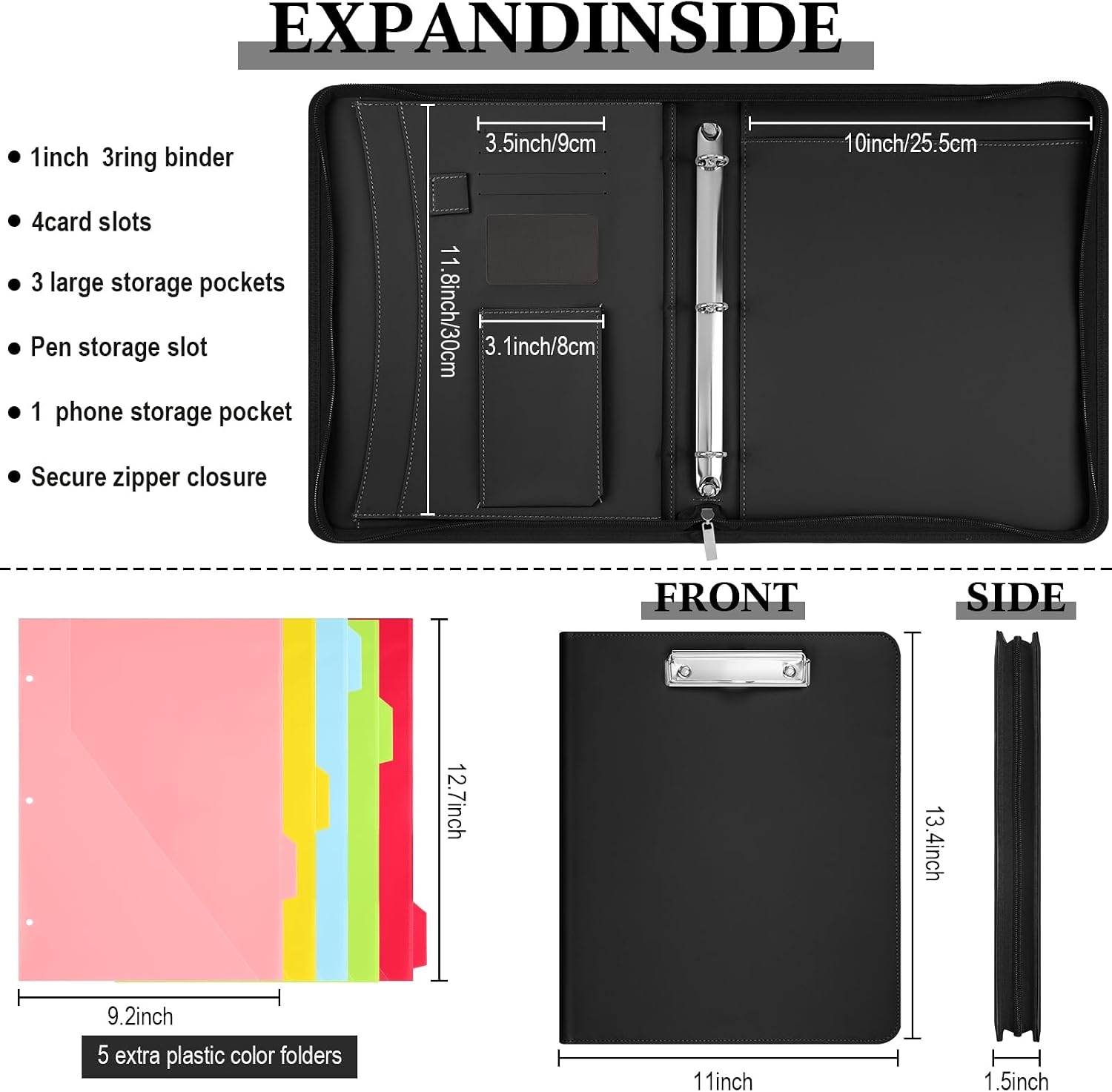 Gilprop Portfolio Binder Padfolio for Women Men Organizer with Zipper Leather Portfolio with 3 Ring Binder and 5 Folder Divider Pages for Tablet, Resume, Documents, Business Cards(Black)