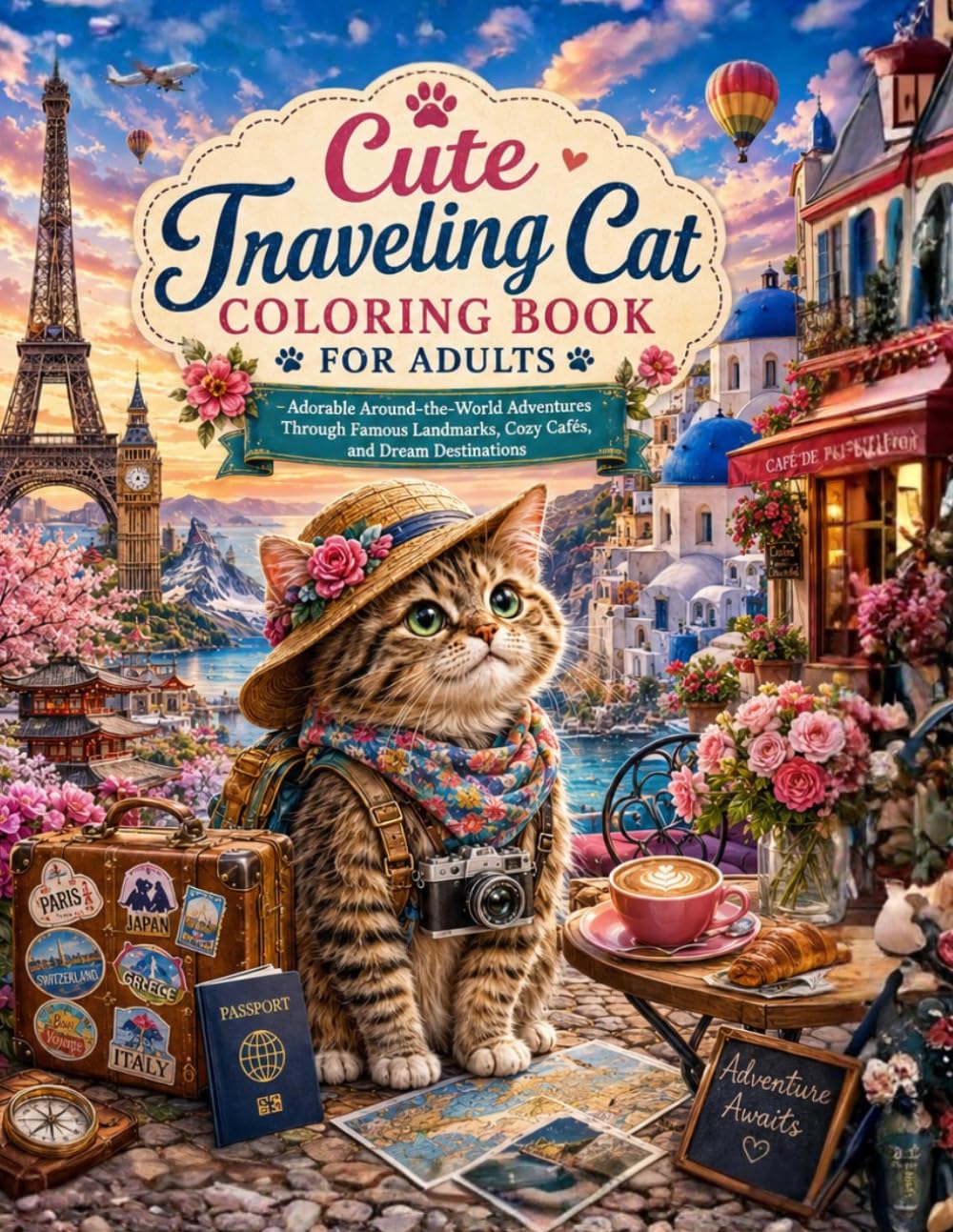 Cute Traveling Cat Coloring Book for Adults: Adorable Around-the-World Adventures Through Famous Landmarks, Cozy Cafés, and Dream Destinations