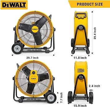 DEWALT Drum Fan High-Velocity Industrial, Drum, Floor, Barn, Warehouse Fan, Heavy Duty Air Mover with Adjustable Tilt & Large Wheel, 24, Yellow DXF2490