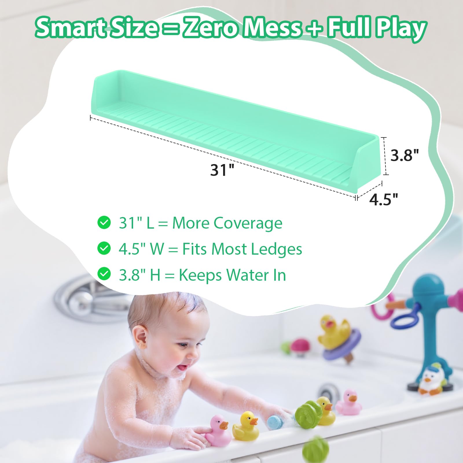 Paraspruzzi per vasca da bagno per bambini, barriera d'acqua extra larga 80 cm e vassoio da gioco, organizer sicuro per giocattoli, in silicone facile da pulire con ventose, accessori per