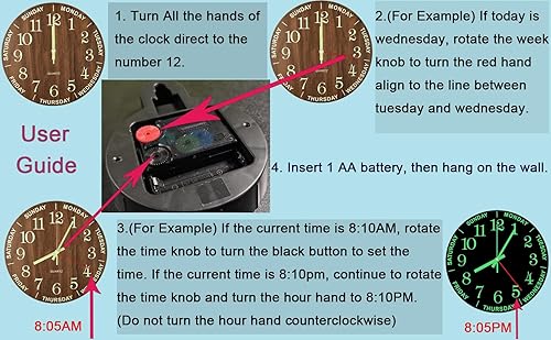 Miniatura 9 de WOOPHEN Reloj de pared luminoso de 12 pulgadas, de madera, silencioso, sin tictac, funciona con pilas, con día y semana para sala de estar,