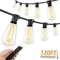 Brightever 120FT Dimmable LED Outdoor String Lights with Remote - 38 Shatterproof ST38 Bulbs, Waterproof 2700K Warm White for Patio, Porch, Garden, Backyard