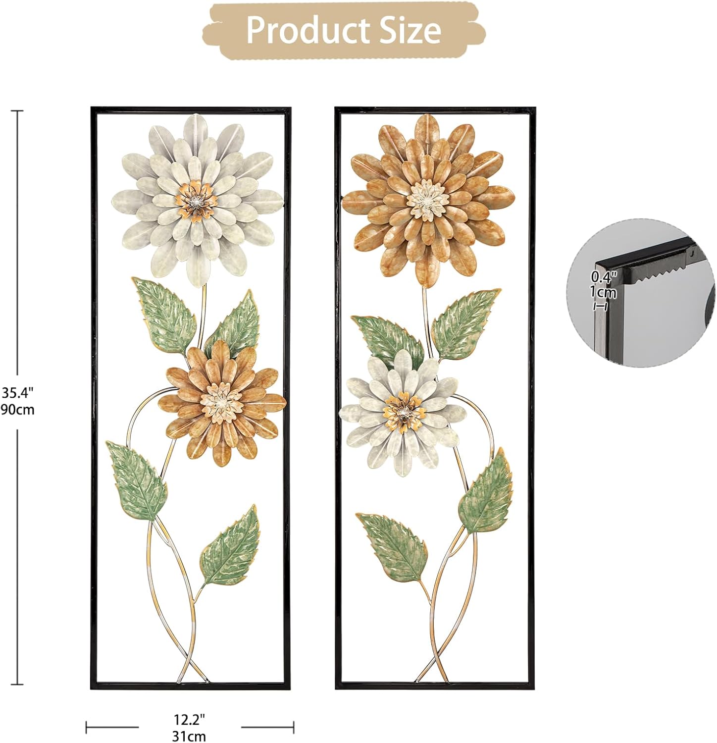 Arborus Metal Wall Art, Set of 2 Large Mordern Rectangular Wall Panels, Abstract Minimalist Flower Wall Décor for Living Room, Bedroom, Kitchen, Hallway Decoration