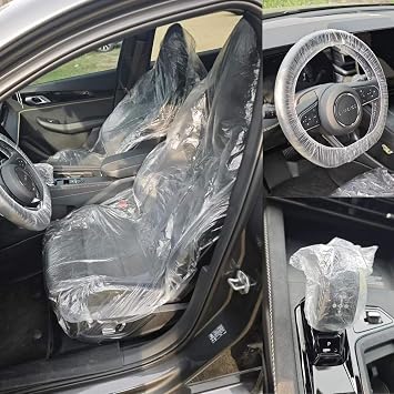 JCUQGDOO 30 Pack Transparent Plastic Car Seat Covers, Includes 10 Gear Covers, 10 Steering Wheel Covers, 10 Driving Chair Covers, Waterproof Dustproof Disposable for Full Car Protection