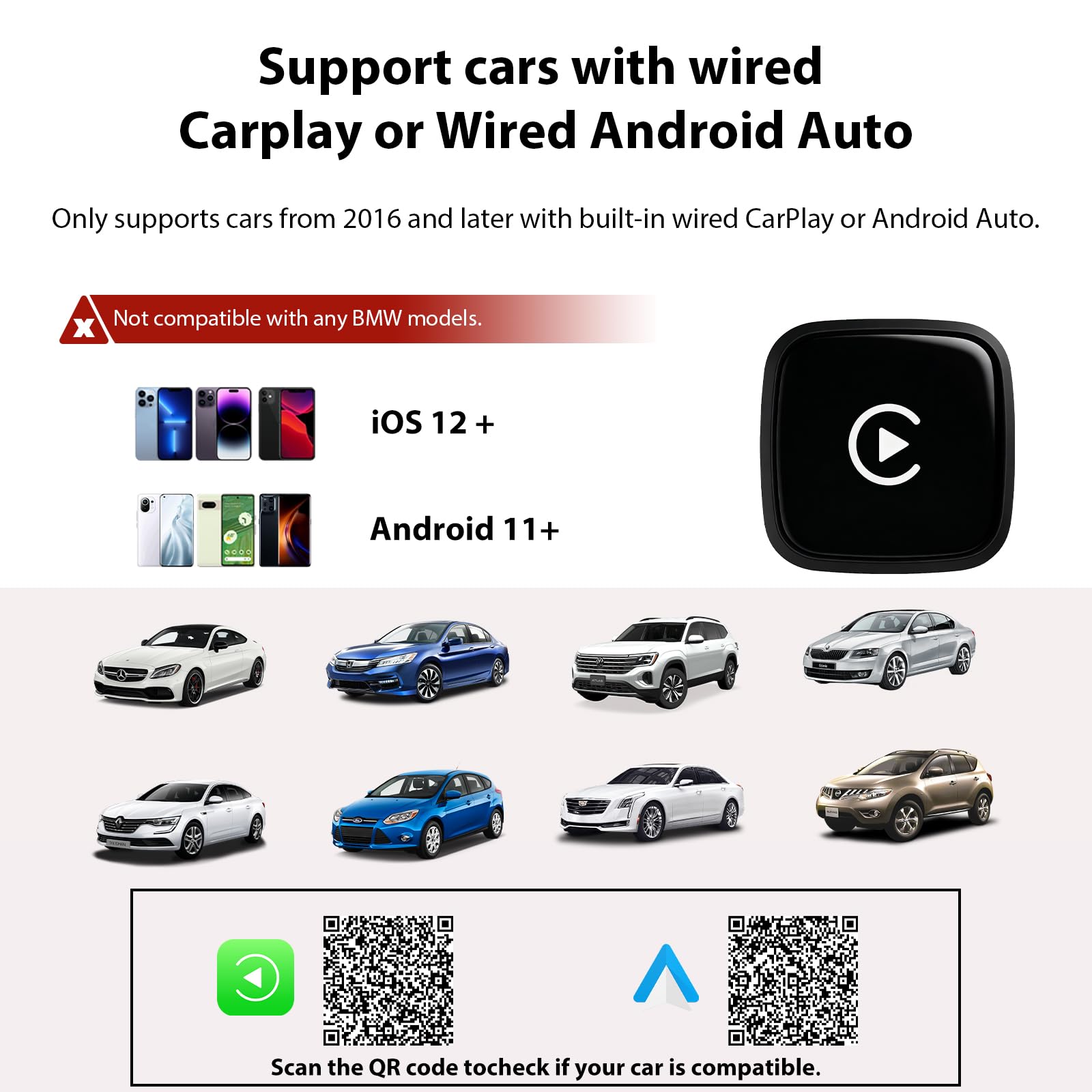 CarPlay & Android - Adattatore per auto wireless 2 in 1 USB-C/USB-A, connessione automatica rapida, convertitore plug & play per veicoli con CarPlay/Android Auto dal 2016 in poi