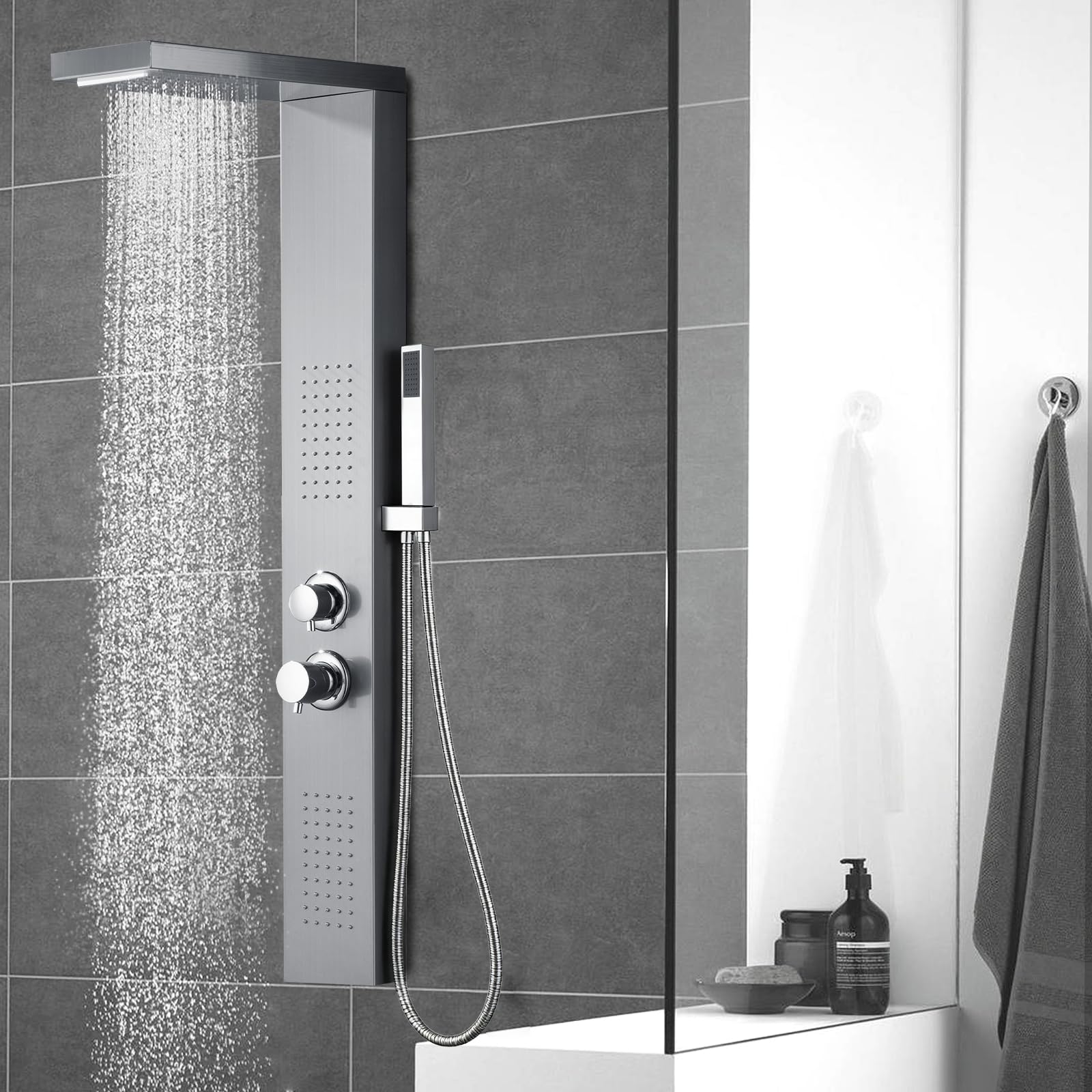 HENGMEI set Pannello doccia in acciaio inox spazzolato, con doccia a pioggia, massaggiante, a cascata, doccetta (argento)