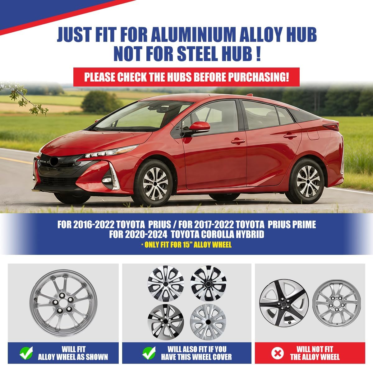 WolfX 15 Inch Hubcaps Set of 4 Wheel Rim Cover for Toyota Prius 2016-2022/Prius Prime 2017-2022/Corolla Hybrid 2020-2024 (Only Fit Aluminium Alloy Hub) PP Hub Cap, Silver Lacquer & Black Lacquer