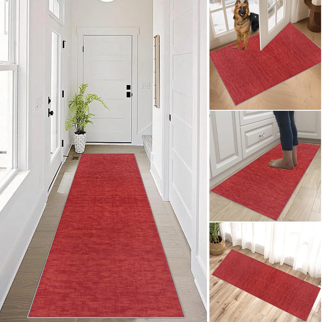 XUEGAIXIA Hallway Runner Rug Long Kitchen Rugs Non-Slip Washable 120 x 350 cm Red Hall Runner Heavy Duty Entrance Mat Absorbent Door Runner Mats Carpet Runner for Kitchen, Front Door Living Room