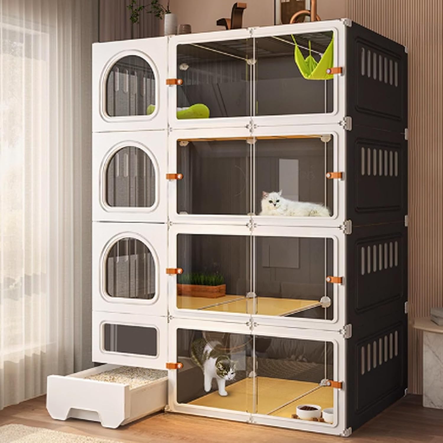 Cat Cage, Catio Indoor Cat Enclosure, Enclosed Cat Playpen, Cat Crate with Enclosed Litter Box for Ferret, Chinchilla, Rabbit, Small Animals(Black+White,106x46x141cm)