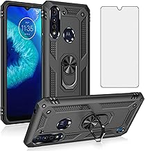 Compatible with Moto G8 Power Lite Case with Tempered Glass Screen Protector Ring Holder Stand Kickstand Magnetic Cell Phone Cover for MotoG8PowerLite Motorola 8 8G PowerLite XT2055-2 Women Men Black