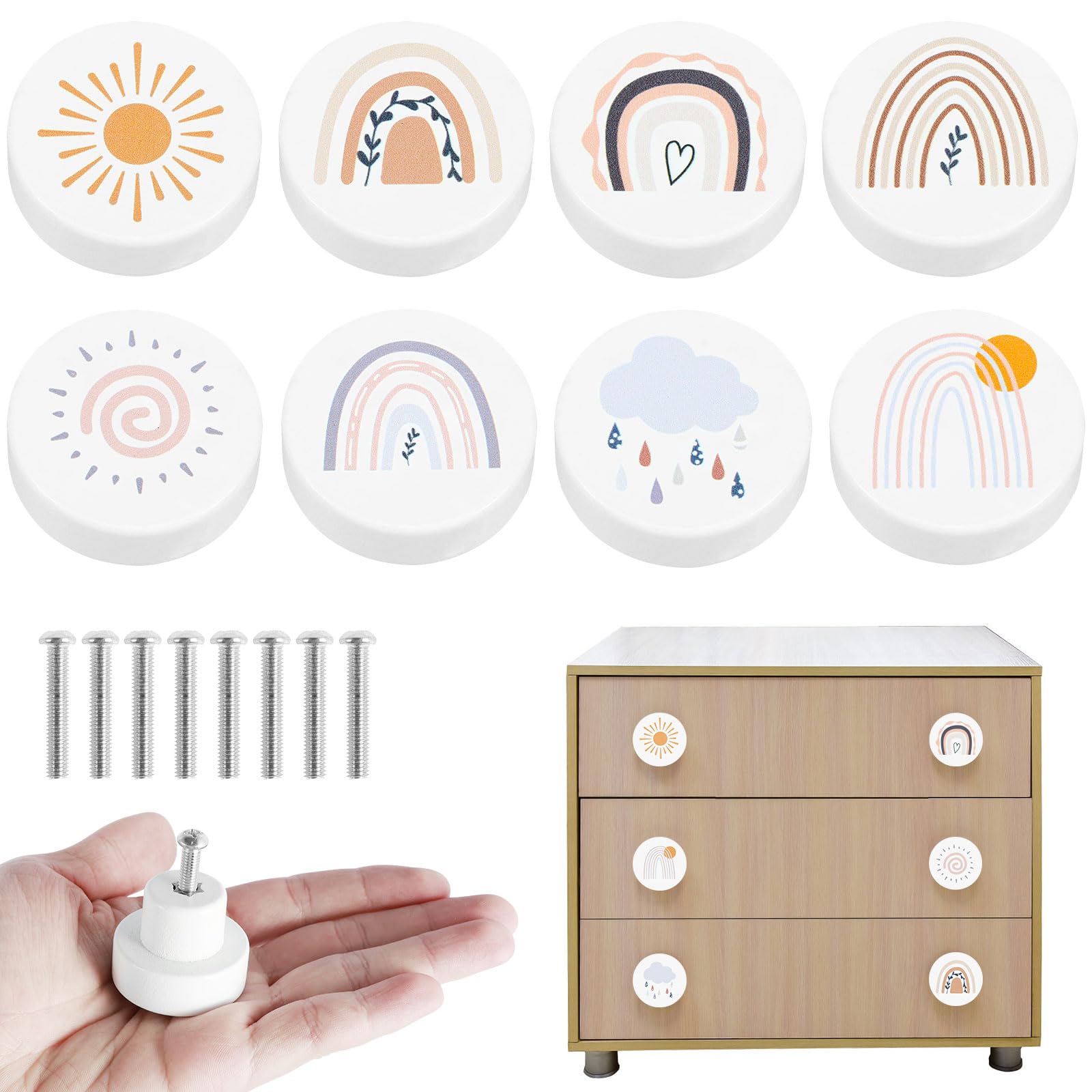 Foribyw White 8Pcs Wooden Drawer Knobs With Screws, Cute Creative Cabinets Knobs 35Mm, Decorative Round Wardrobe Pull Handle, Colorful/Animal Drawer Knobs For Kids Room Kitchen Bathroom Cabinet Drawer