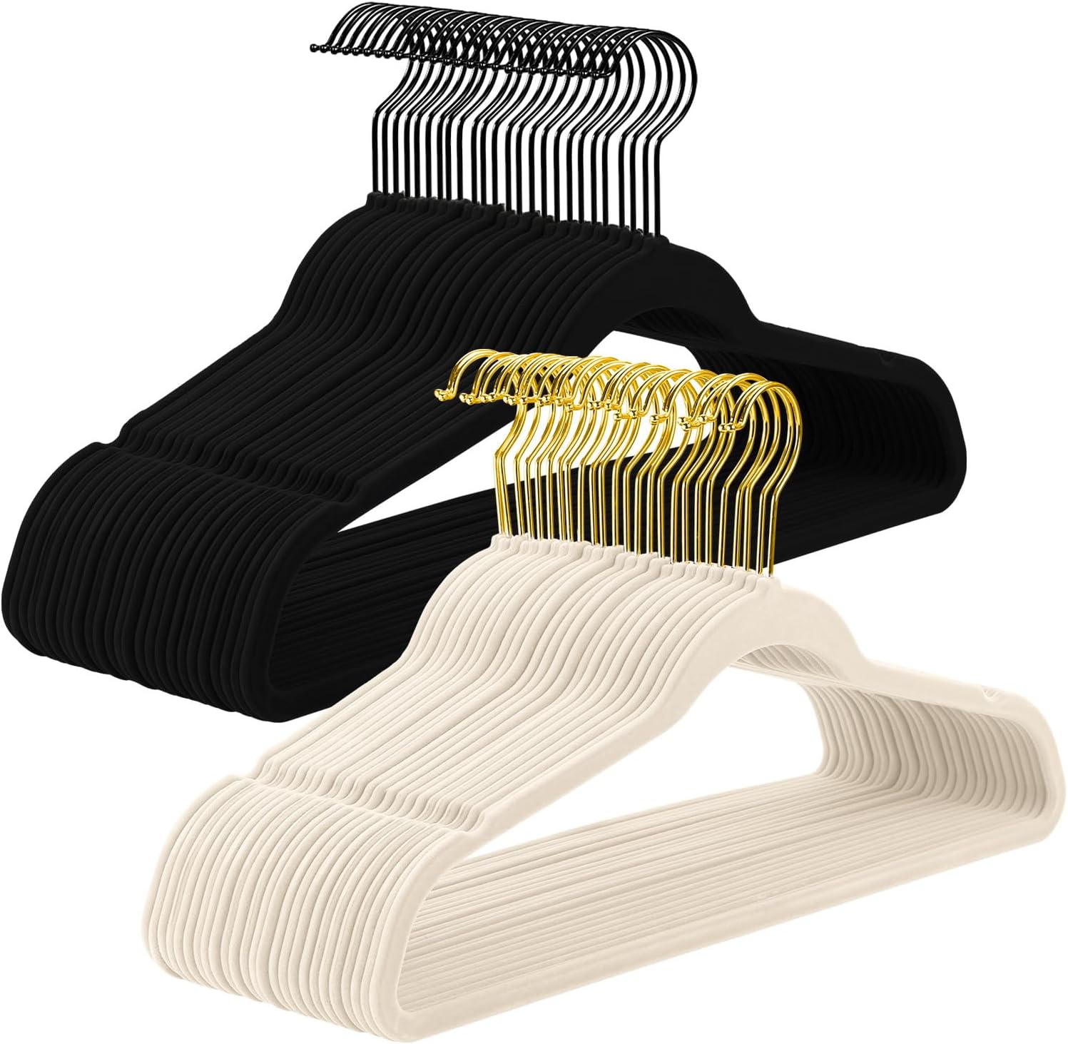 MIZGI Premium 60PC Velvet Suit Hangers Bundle with 50PC Velvet Suit Hangers, Black/Gold Hooks, Space-Saving Closet Organizers for Pants, Skirts, Dresses, Jackets, Coats, Sweaters, Black and Ivory