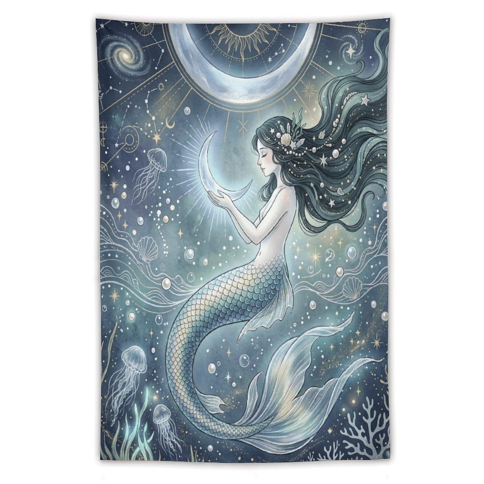 W7C8U2X3 Moon Mermaid Coral Reef Wall Tapestry, Fantasy Illustration Style