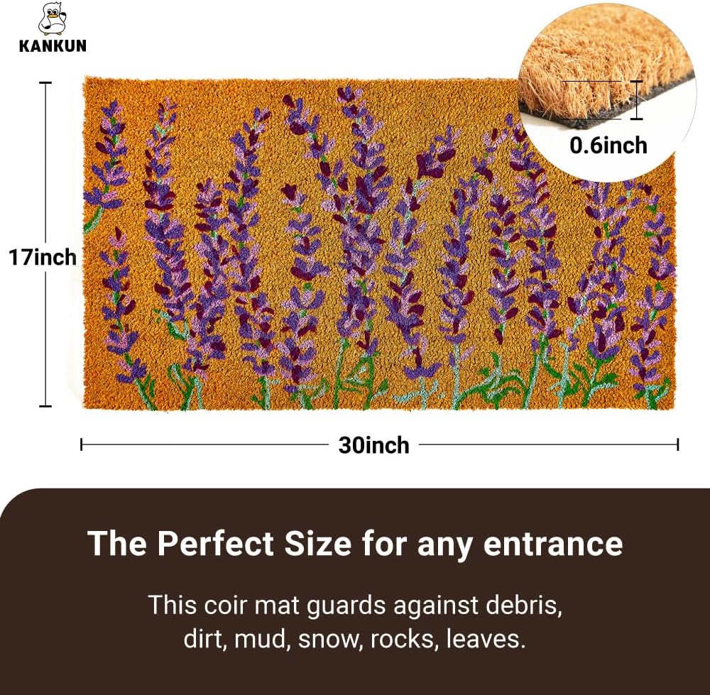 KANKUN Coco Coir Door Mat with Heavy Duty Backing, Welcome Doormat (17" x 30"), Doormat Entrance (Lavender Floral)