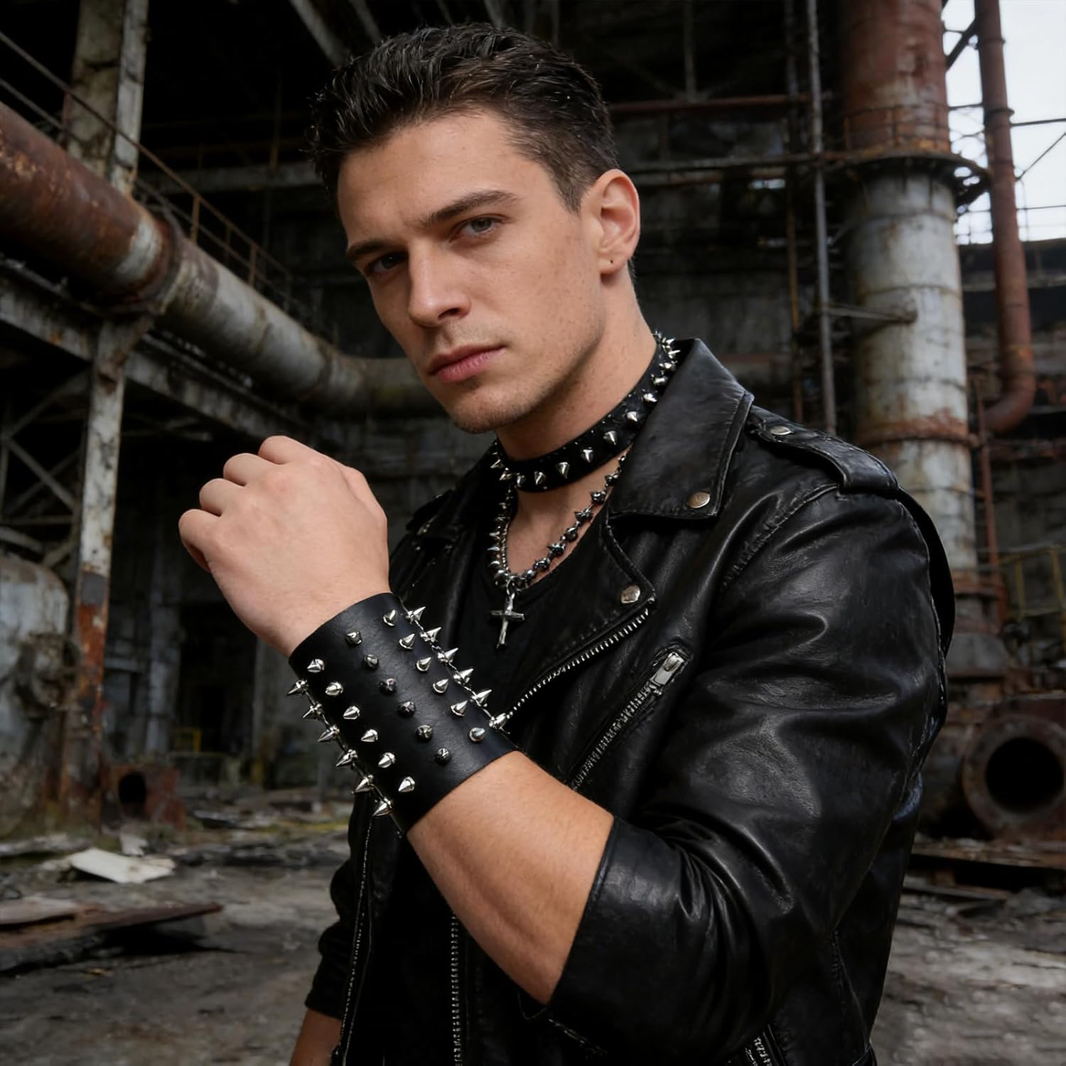 HZMAN Unisex Black Metal Spike Studded Punk Rock Biker Wide Strap Leather Bracelet - Image 2