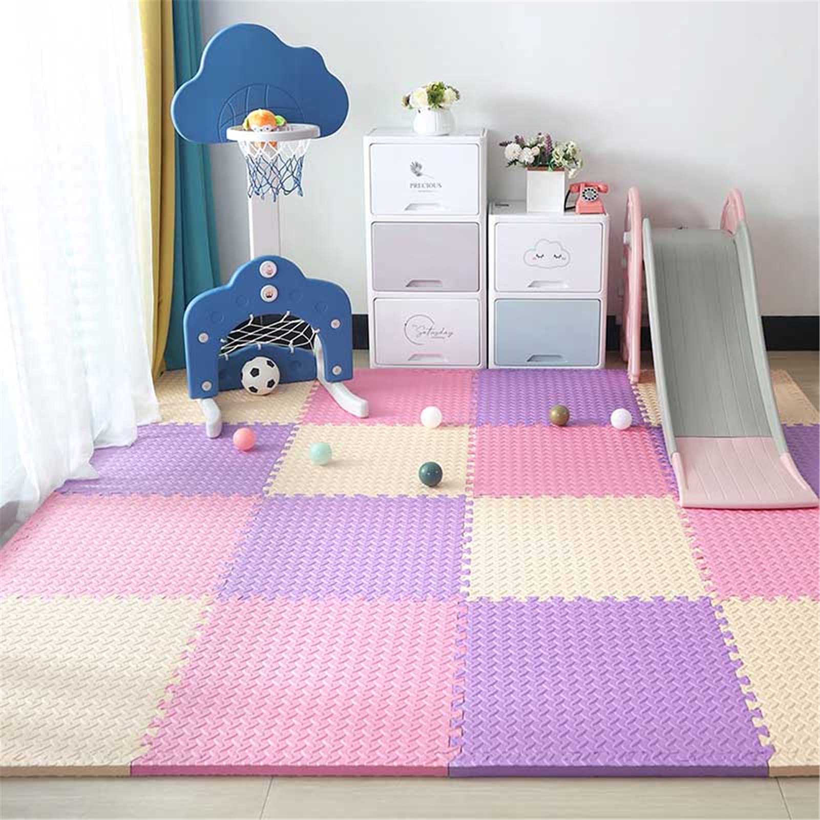 Alfombra de Juego de Espuma para bebés,60x60x1.2cm Alfombra Puzzle de Espuma EVA para Niños Infantil,para Sala de Estar/Sala de Juegos/guardería,Beige+Pink+Purple,8pcs