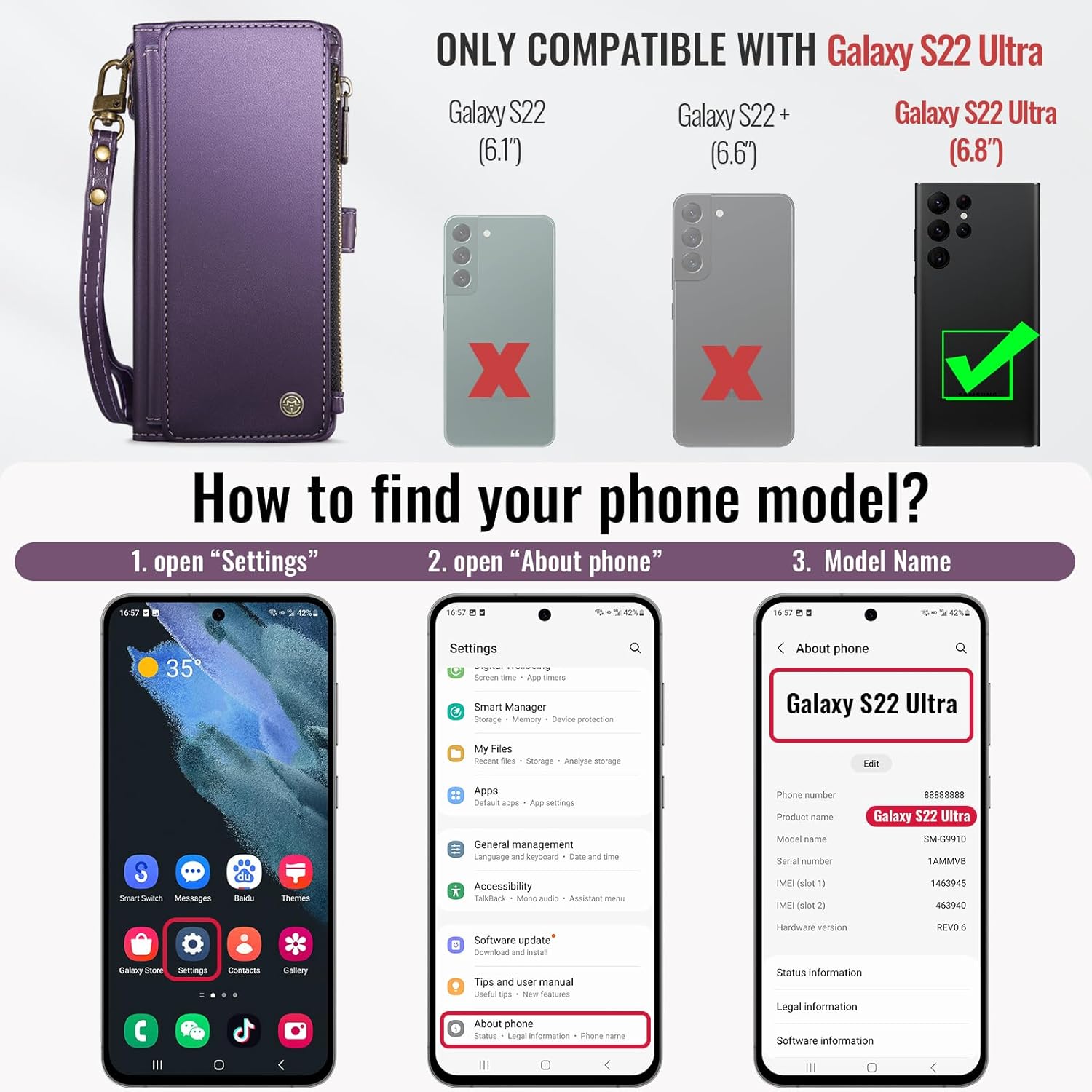 Defencase Compatible with Samsung Galaxy S22 Ultra Case Wallet with RFID Blocking Card Holder for Women Men, PU Leather Magnetic Snap Flip Zipper Strap Phone Case Fit for Galaxy S22 Ultra 5G, Purple - Image 6