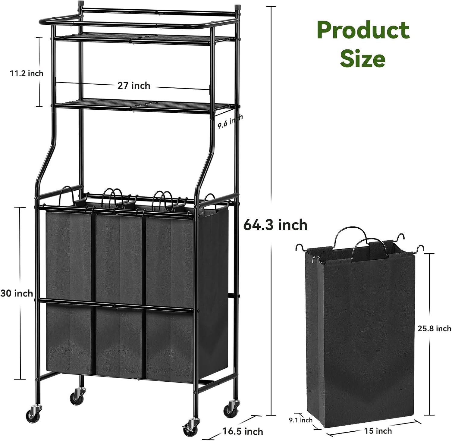 Laundry Basket Cart with Wheels, 3 Section Laundry Sorter with Removable Bags, 3 × 14 Gal (53L), Hamper Organizer with Hanging Rack & 2 Tier Shelf, Black