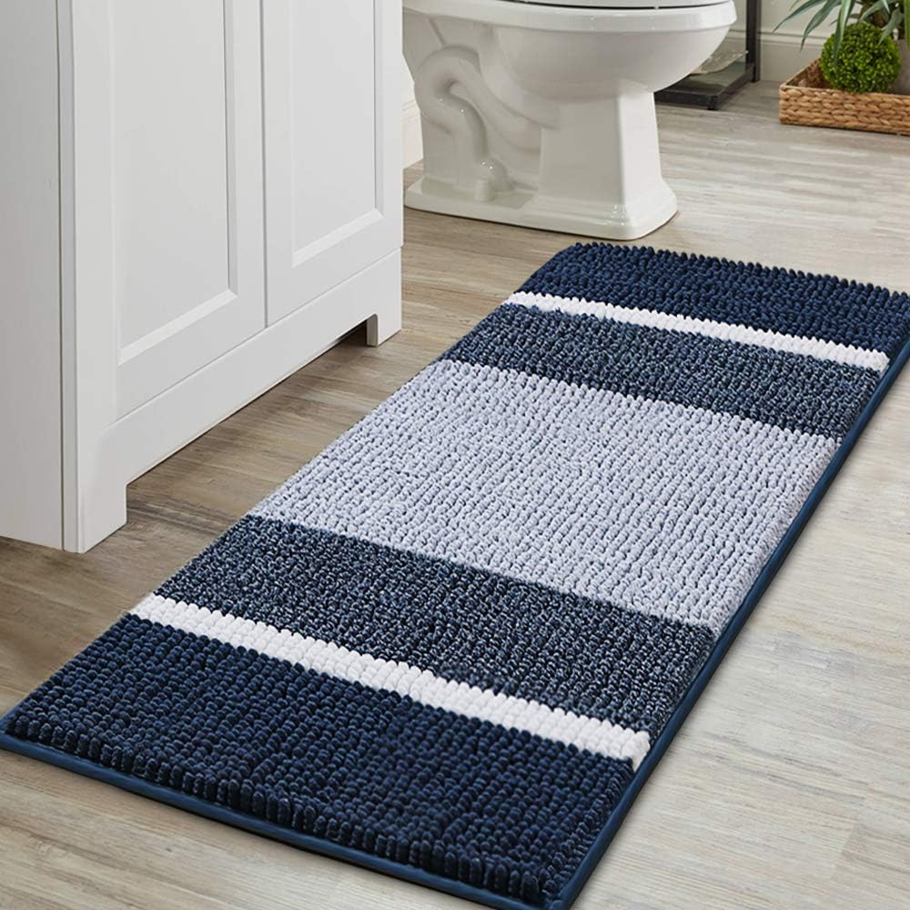 Flamingo P Luxury Chenille Plush Bath Rug, Gradient Blue Stripe Pattern Non Slip Absorbent Super Cozy Shaggy Bath Mat, Machine Washable Soft Microfiber Bathroom Mat (47×17 inch, Navy) : Home & Kitchen