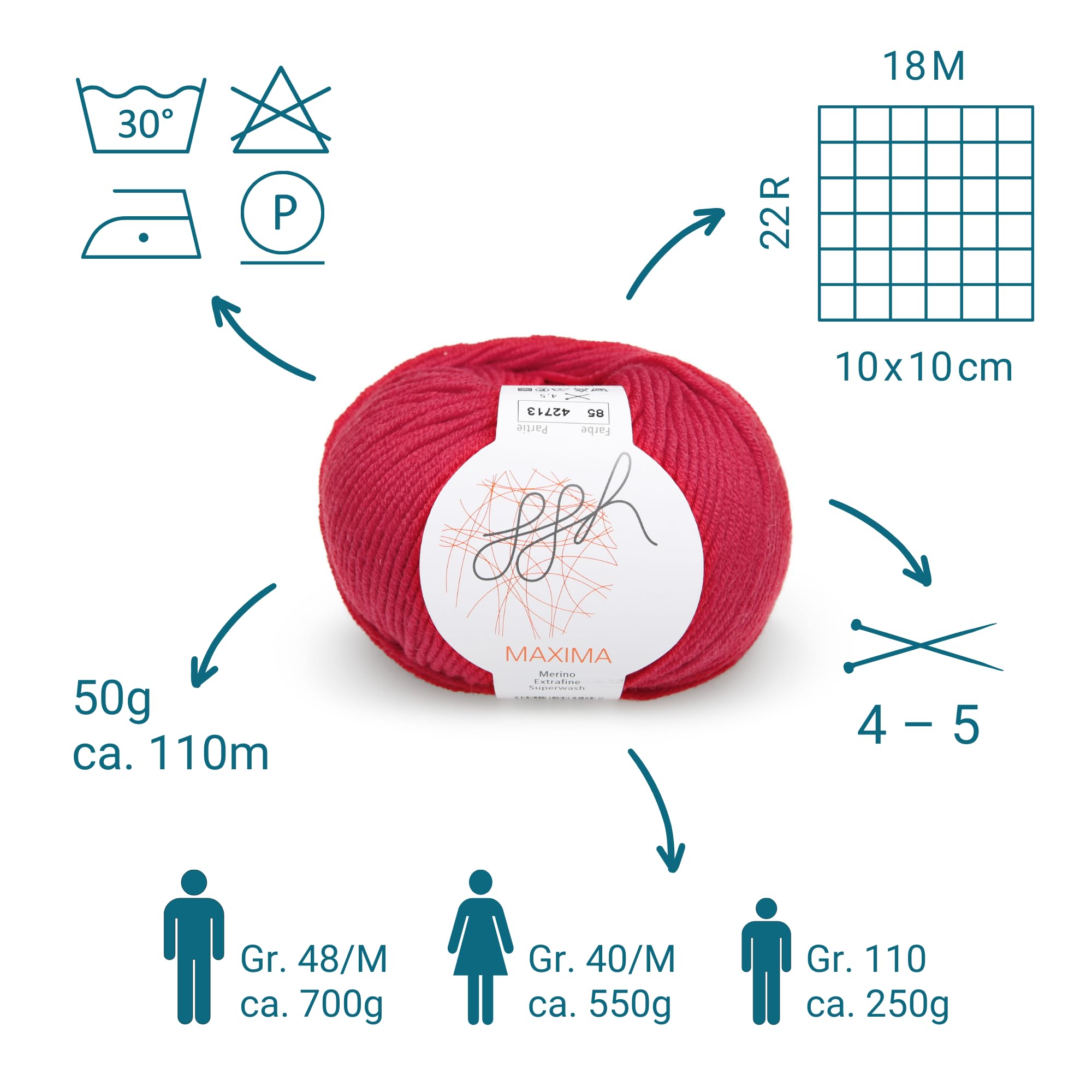 ggh Maxima Box 6 x 50 g (300 g) Lana Merino Extra fine e Lavabile in Lavatrice Spessore Ferri 4 5 Colore 085 Rosso