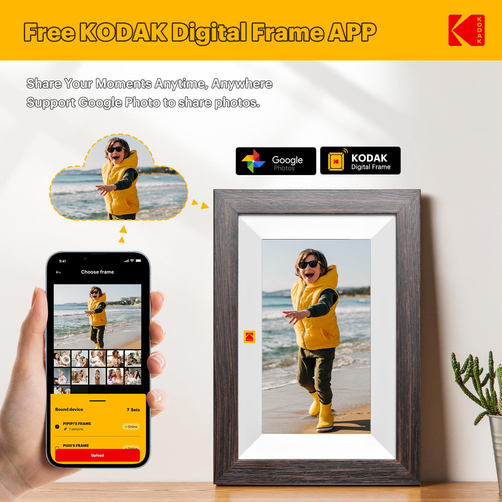 KODAK Marco de Fotos Digital, WiFi Marco Digital de Fotos 7 Pulgadas, HD IPS Pantalla Táctil, 32GB Marco Electrónico, Rotación Automática, Fácil Compartir para Fotos y Vídeos via App o Cable de Tipo C
