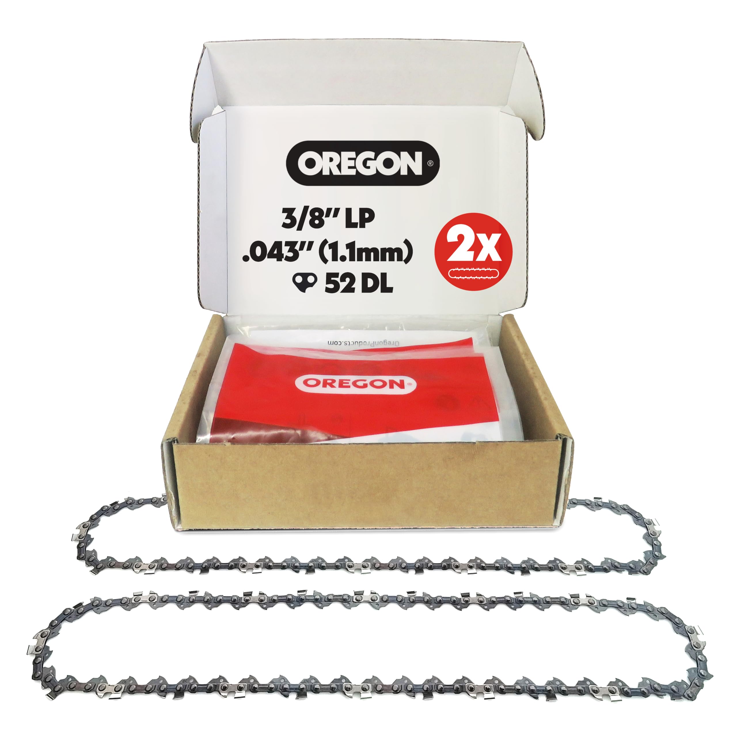 Oregon 2-Pack Chainsaw Chain 3/8" LP Pitch, .043" (1.1 mm) Gauge for 14" (35cm) Bar, 52 Drive Links – Low-Kickback Replacement Saw Chain, Fits Bosch, Karcher, Husqvarna, Makita and More