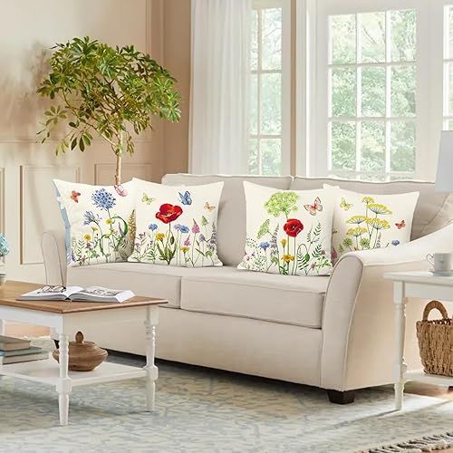 Miniatura 4 de Bonhause Juego de 4 fundas de almohada florales primaverales de 18 x 18 pulgadas, fundas decorativas de lino para sofá, dormitorio, automóvil,