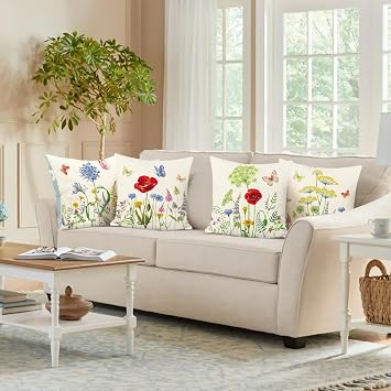 Bonhause Set of 4 Cushion Covers Flowers Garden 45 x 45 cm Double-Sided Butterfly Decorative Cushion Covers for Sofa Home Summer Decoration