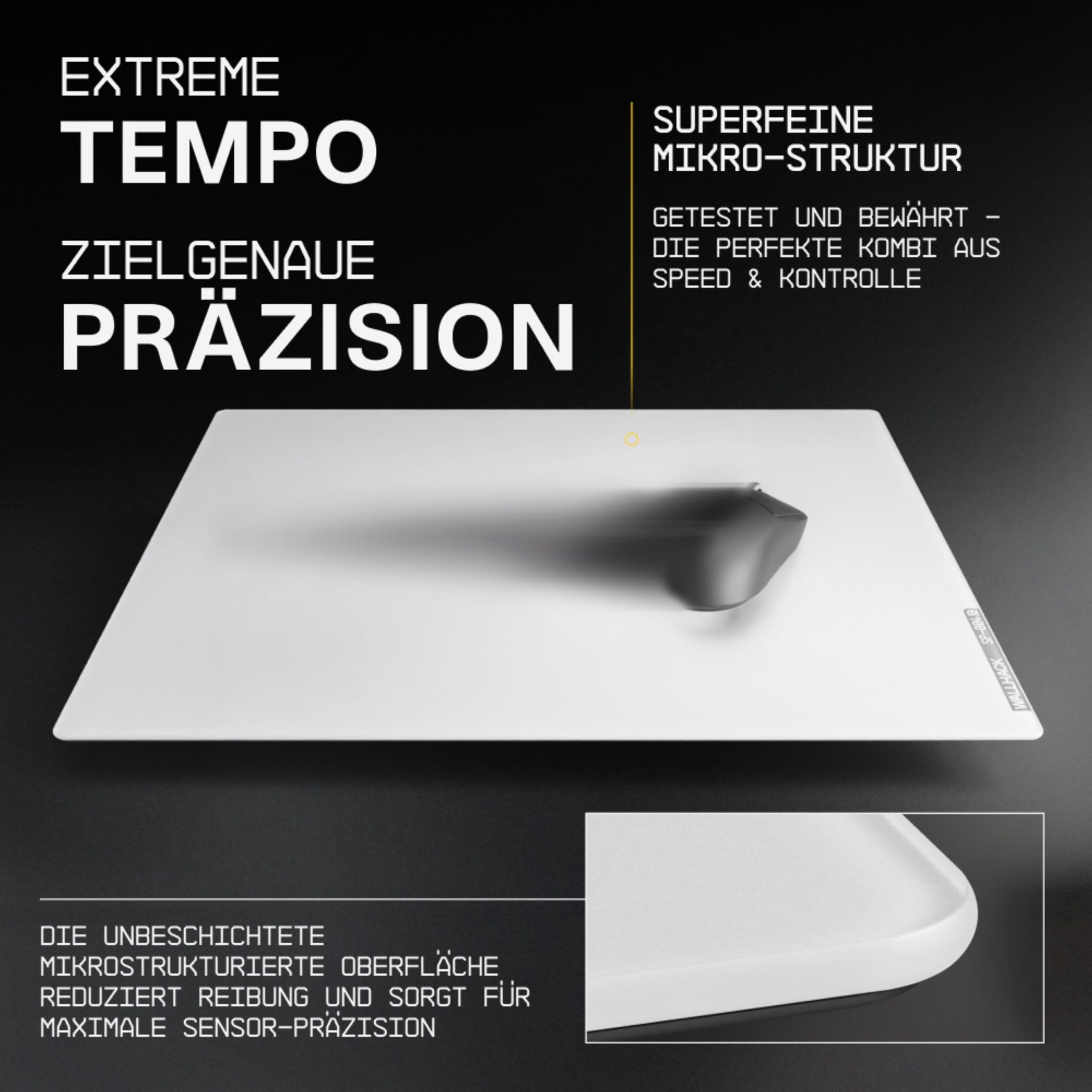 Wallhack SP-004 Glas Gaming Mousepad Professionelles Esport mit Spezialoberfläche für maximale Geschwindigkeit und Kontrolle,großes GlasPad vollständiger Silikonbasis - Weiß,XL 49 cm x 43 cm