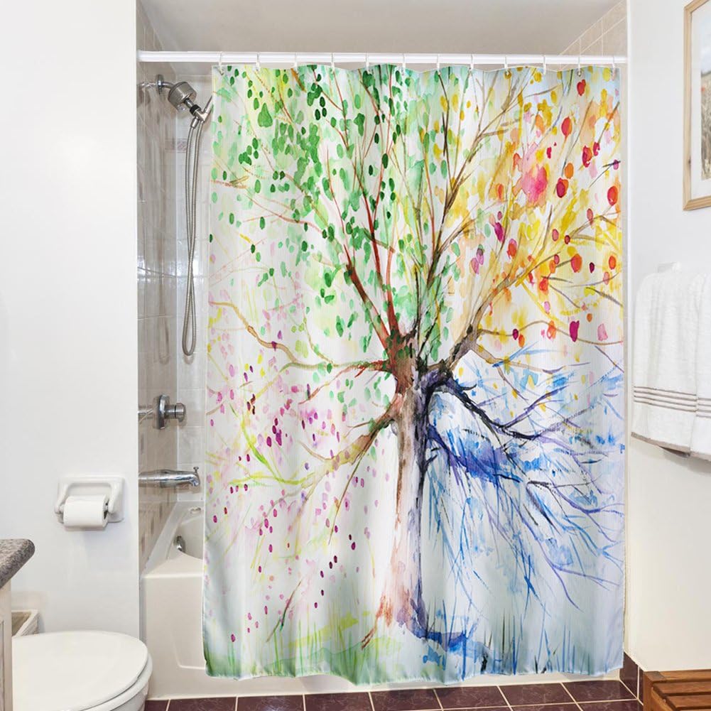 Ink Color Tree Shower Curtain, Digital Printing Polyester Fabric Waterproof Mildew Proof Bath Curtain with 12 Hooks, Vintage Rustic Decor Seascape Shower Curtain for Bathroom Toilet Home Decoration 71*79 inch