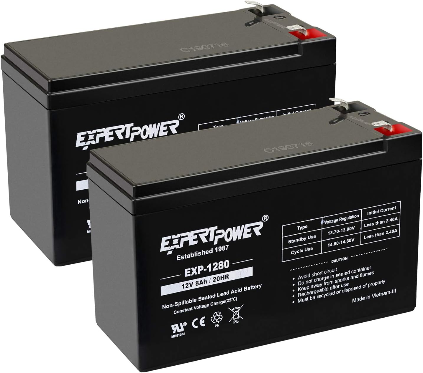 ExpertPower EXP1280 - (2 Pack) 12V 8AH SLA AGM Rechargeable 12V Battery for Ride on Toys, APC Backup UPS Battery Replacement, 12 Volt Batteries for Alarm, Replaces UB1280 with F2 Terminals