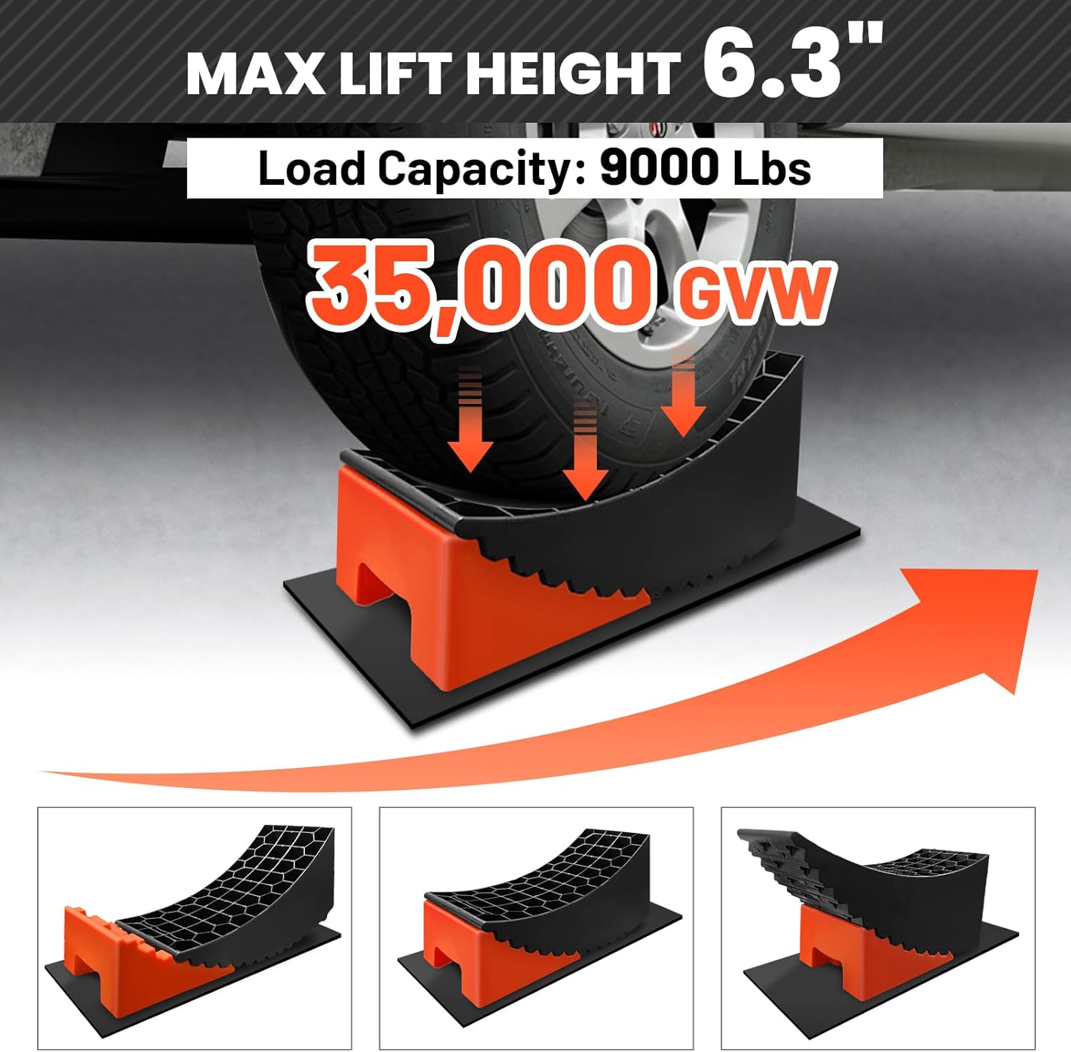 ROBLOCK Tandem Trailer Tire Change Ramp, Tire Lifts Up to 6.3", Raised Tire Change Ramp for Trailers Campers, RV Leveling Blocks with Chocks, Carry Bag, Dual Axle Tandem Wheel Aid,1 Pack