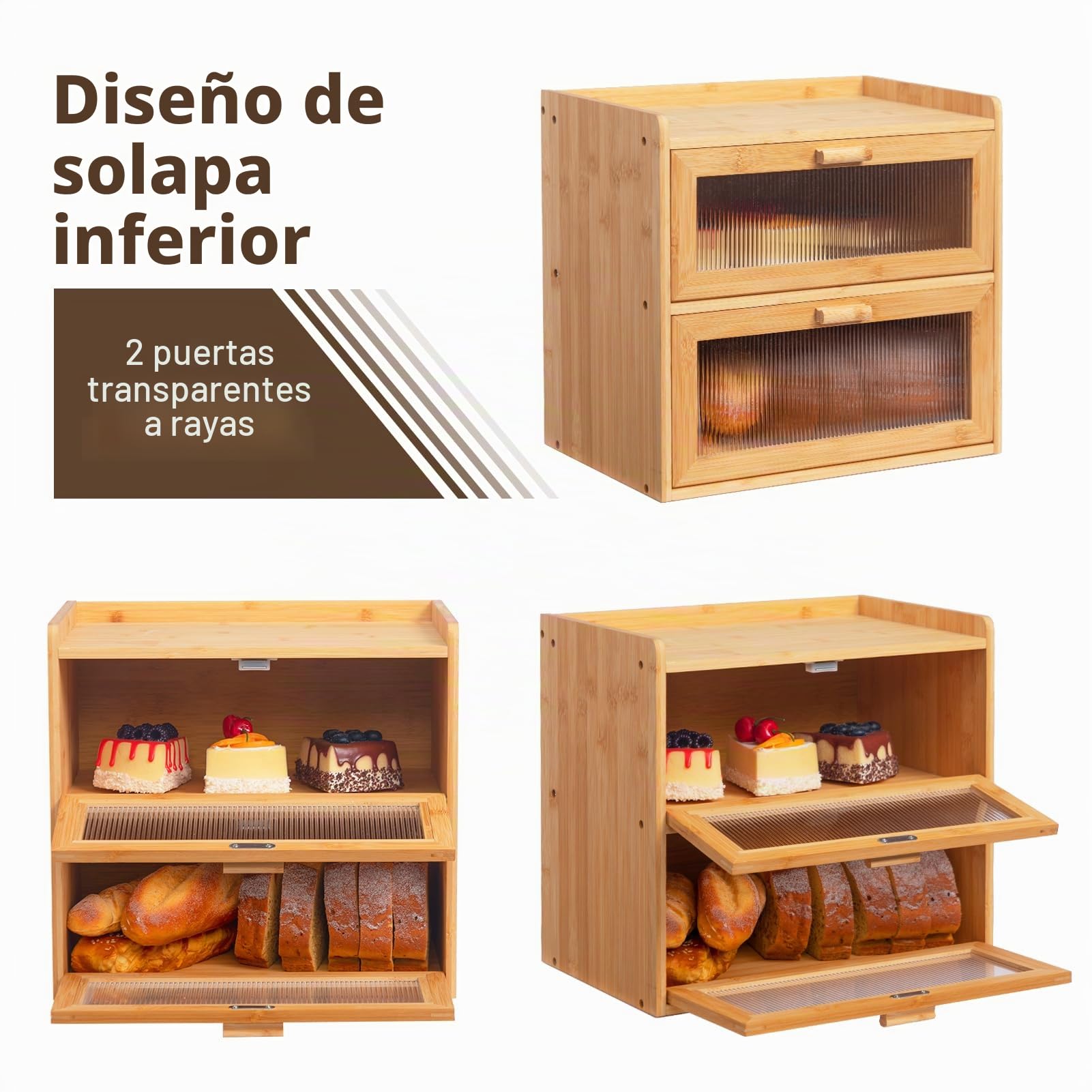 HollyHOME Panera de bambú de 2 capas con ventana de rayas acrílicas, caja de almacenamiento de pan de doble piso de gran capacidad para cocina, rectangular de 2 capas