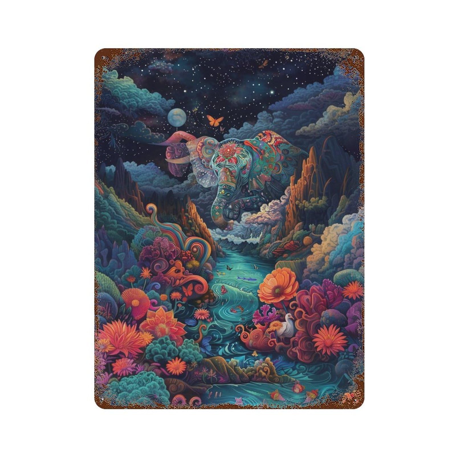 Decorative Tin Sign with Fantasy Forest with Elephant Design 15.7"x11.8", for Basement, Hobby Room And Garage Decor, Farmhouse Wall Decor