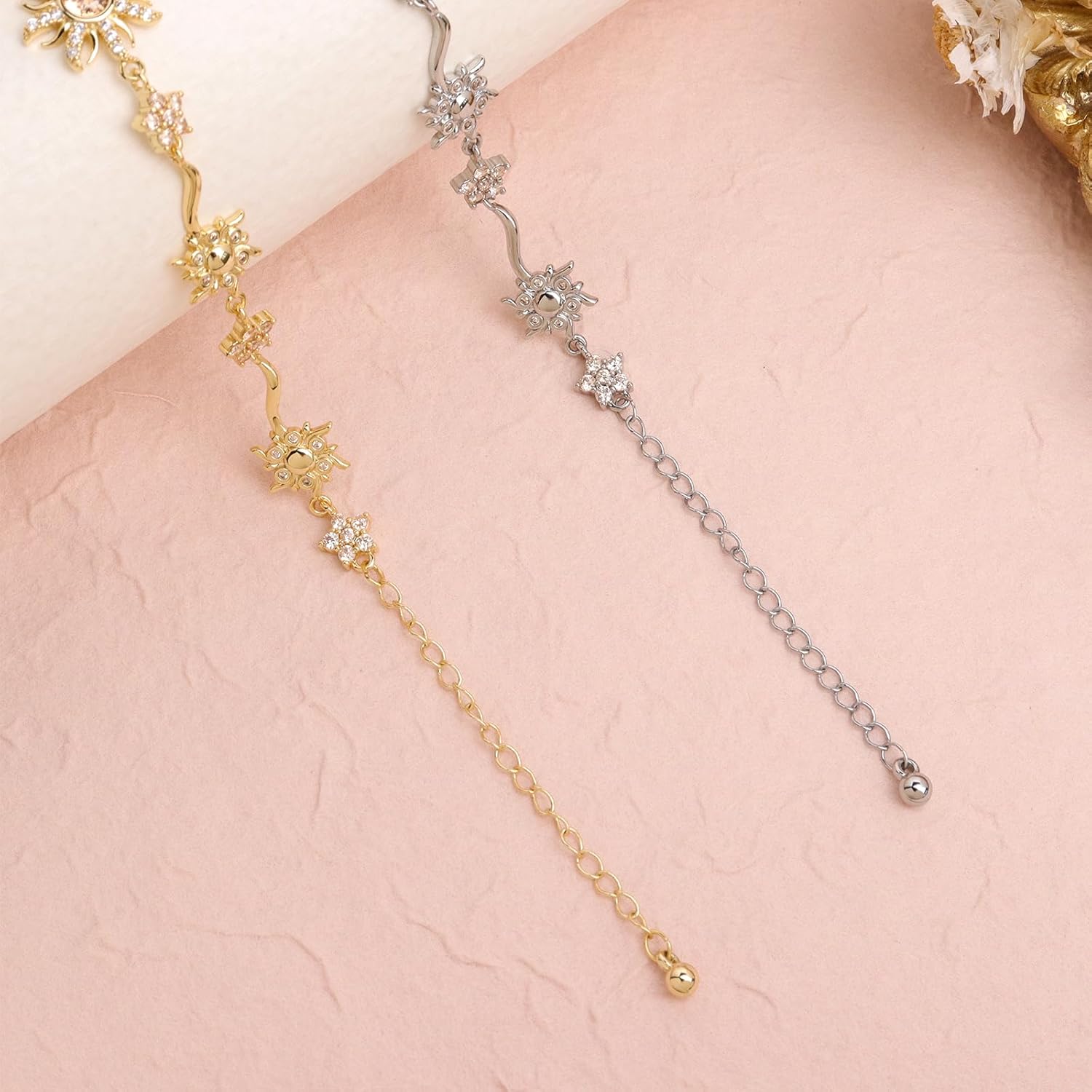 Gold Silver Sun Link Bracelet for Women, Dainty Sparkly Colorful Crystal Rhinestone Flower Floral Adjustable Chain Bracelets Prom Wedding Accessories Fashion Jewelry Gift - Image 7