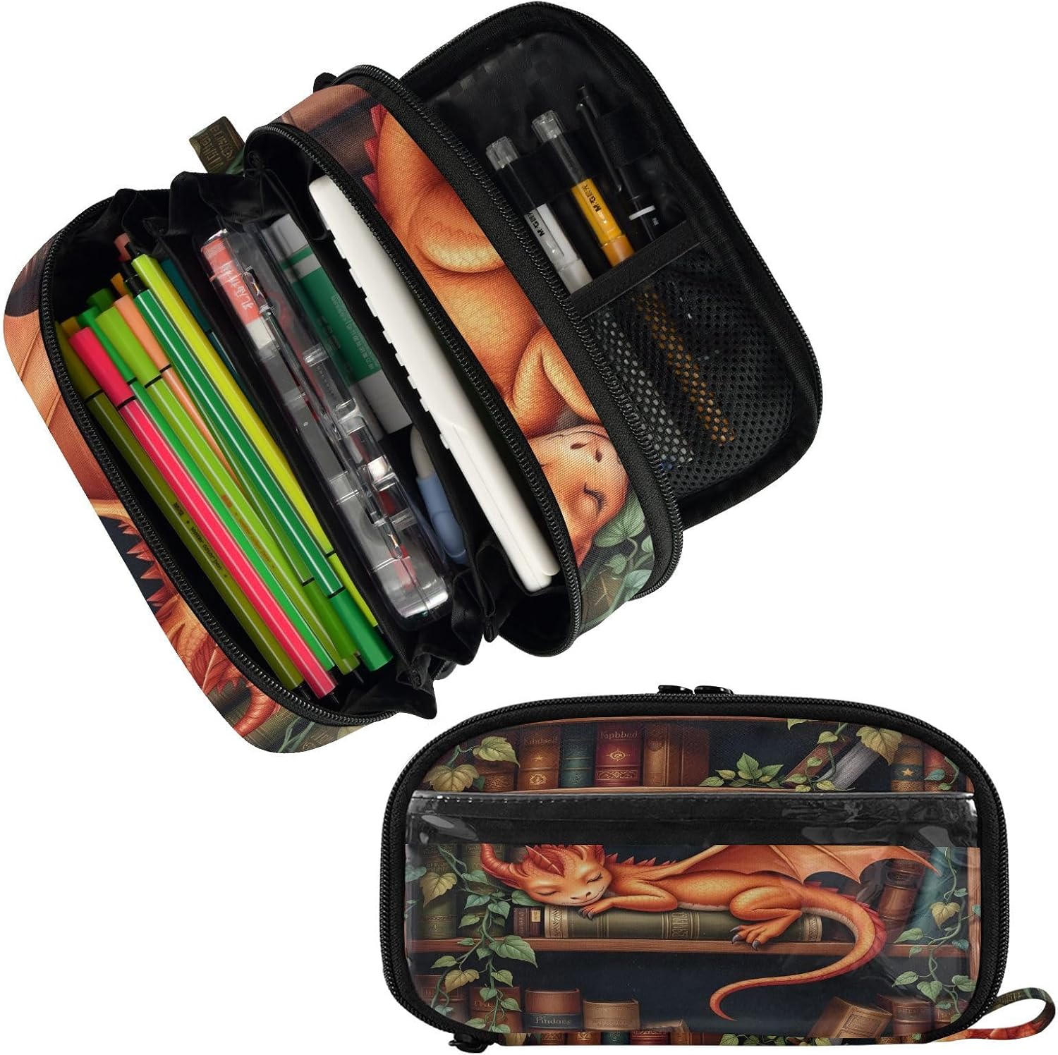ALAZA Dragon Bookshelf Large Capacity Pencil Case, Aesthetic Stationery Organizer Bag with Clear PVC Window, High Capacity Pen Pouch with Dividers for School Office Travel image 2