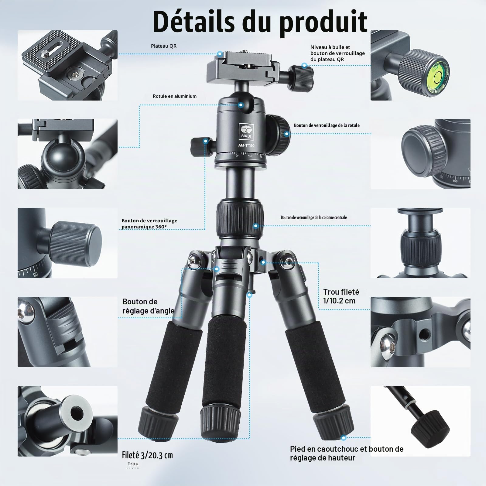 SIRUI Mini Trépied Appareil Photo de Bureau en Aluminium avec Rotule 360°, 52cm Trépied de Bureau Compact pour Caméscope Vidéo Appareil Photo Reflex Numérique, Charge Jusqu'à 10 kg, AM-TT50