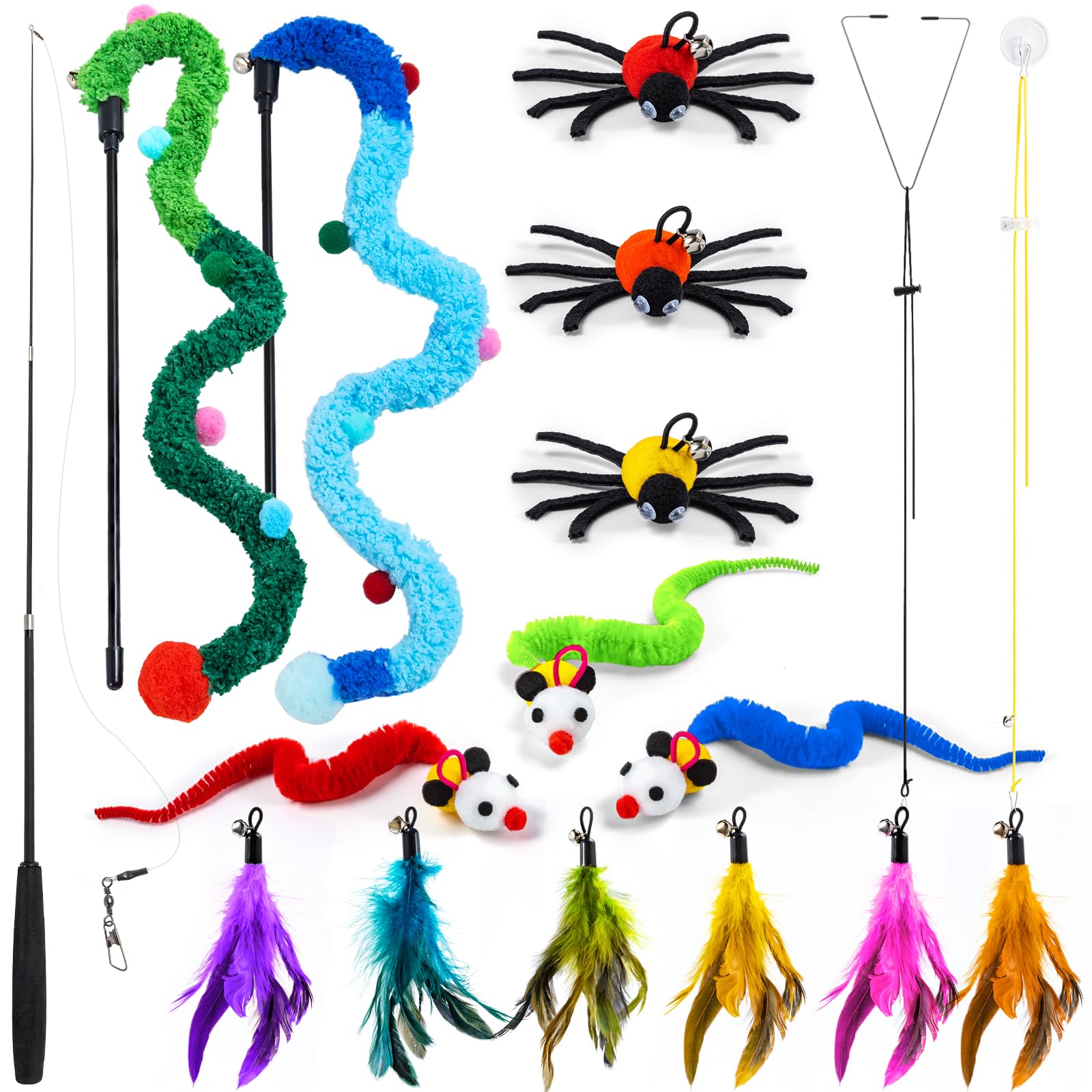 BOW CALICO Cat Wand Toy, Cat Feather Toys with 12 Refills, 2 Types Door Hanging String Toys, 1PCS Retractable Cats Wand, 2PCS CatsTeasers for Teaser Play and Chase Exercise
