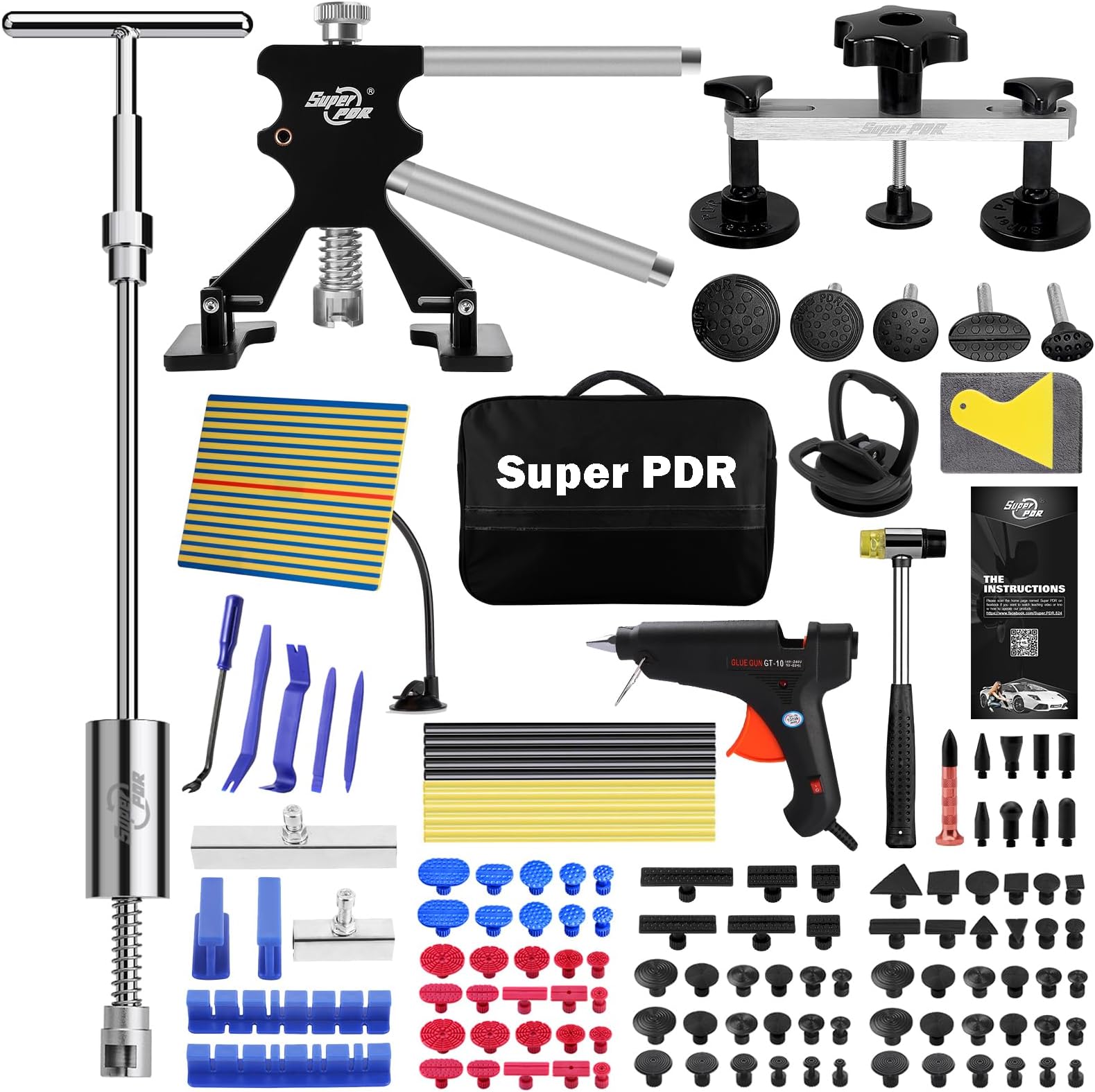Super PDR Car Dent Puller Body Repair Dent Removal Tools Paintless Dent Removal Kit with Bridge Puller Slide Hammer T-Bar for Car Dent Remover and Motorcycle Surface Repair