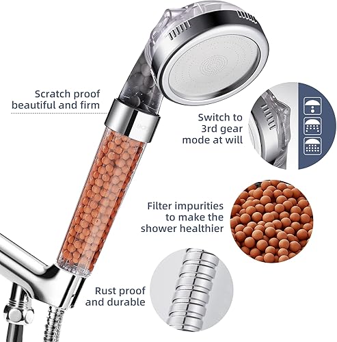 Miniatura 4 de Cobbe Juego de cabezal de ducha con manguera y soporte, filtración de filtro, 3 ajustes, rociador de ahorro de agua de alta presión, cabezales de