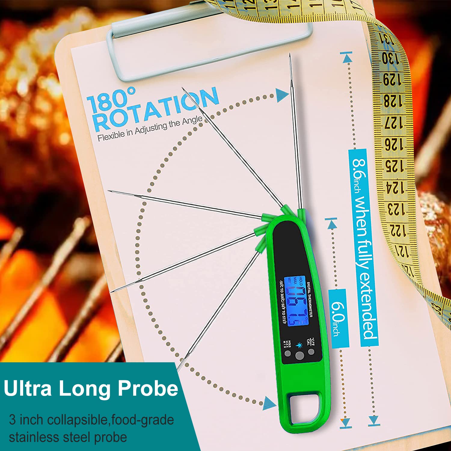 Termómetro de carne de lectura instantánea para cocinar en la cocina, termómetro digital ultra rápido preciso impermeable con retroiluminación, imán y sonda plegable para freír, barbacoa al