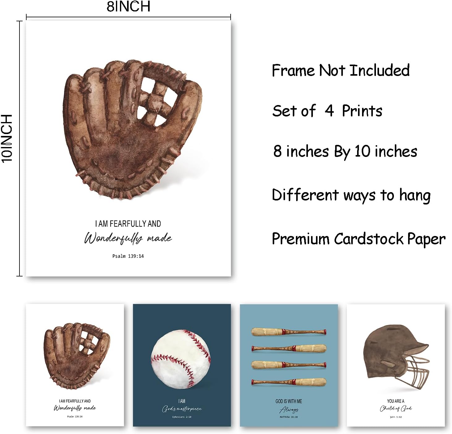 foedor Scripture Sports Baseball Room Decor for Boys Room,Christian Baseball Wall Art Decorations for Boys Room,Vintage Sports Wall Art for Classroom Gym Playroom, 8x10 Unframed,Set of 4