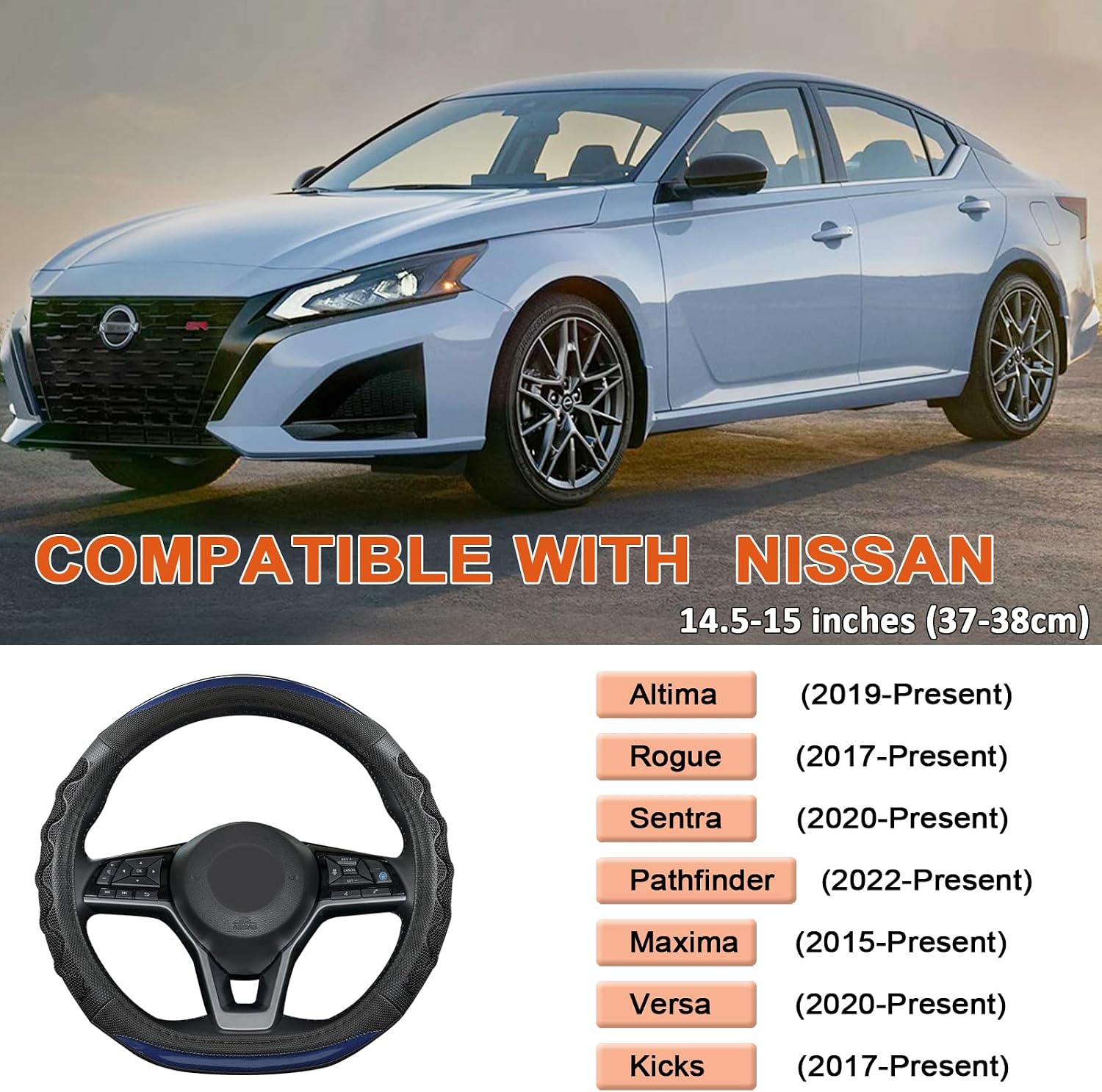 GIANT PANDA Steering Wheel Cover for Nissan Altima Rogue - Car Steering Wheel Cover for Nissan D Shape(Blue-D-Shaped)