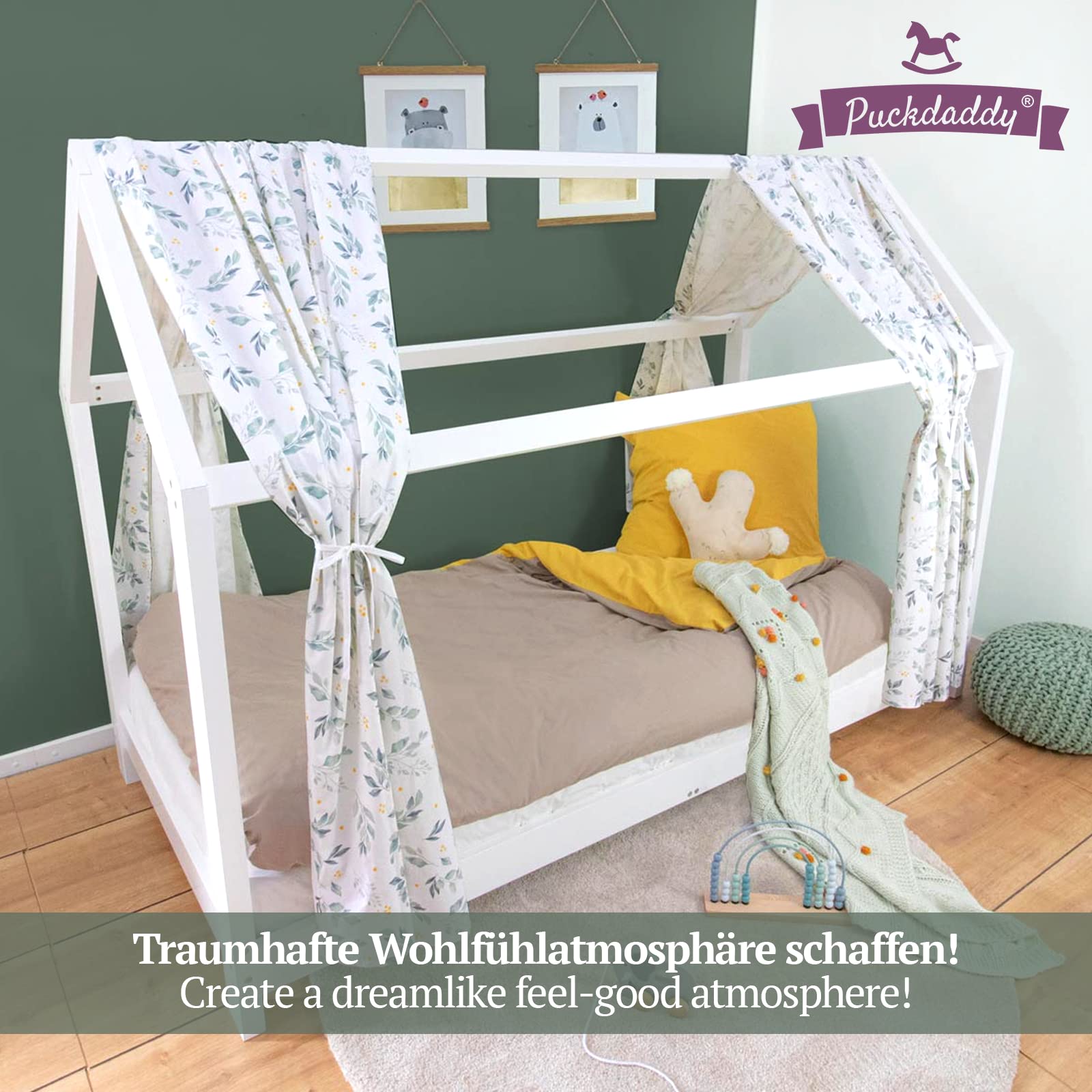 Puckdaddy Flore Tente de lit à la Maison | 146 x 298 cm | Ensemble de 2 auvents en Tissu | 100% Coton | Vert et Blanc | modèle de Branche | Rideau de lit de Haute qualité pour Chambre d'enfant