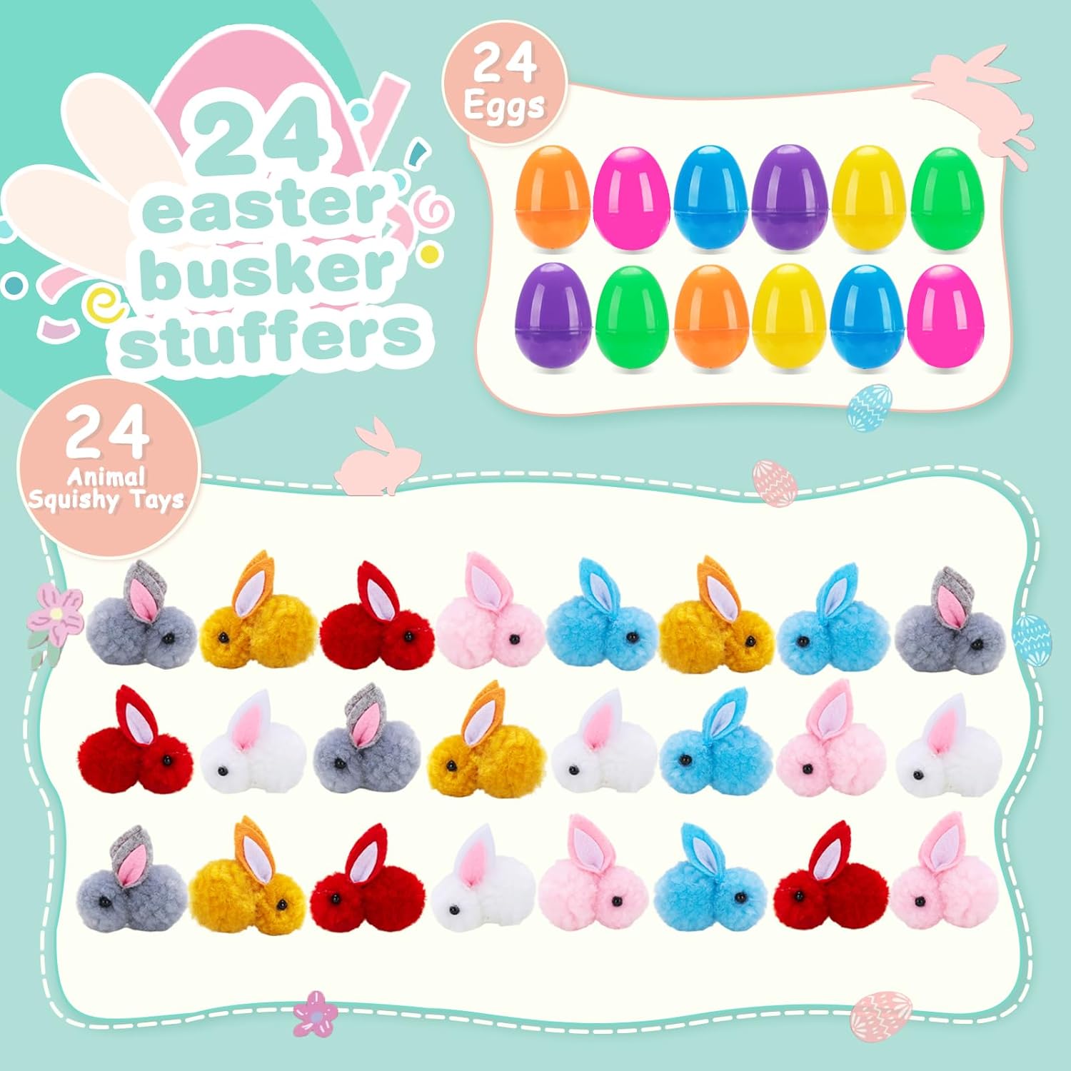 Budbof 24 Pack Easter Egg Fillers Plush Bunny, Easter Eggs Filled Toys for Kids Toddler Boys Girls Easter Basket Stuffers Party Favors