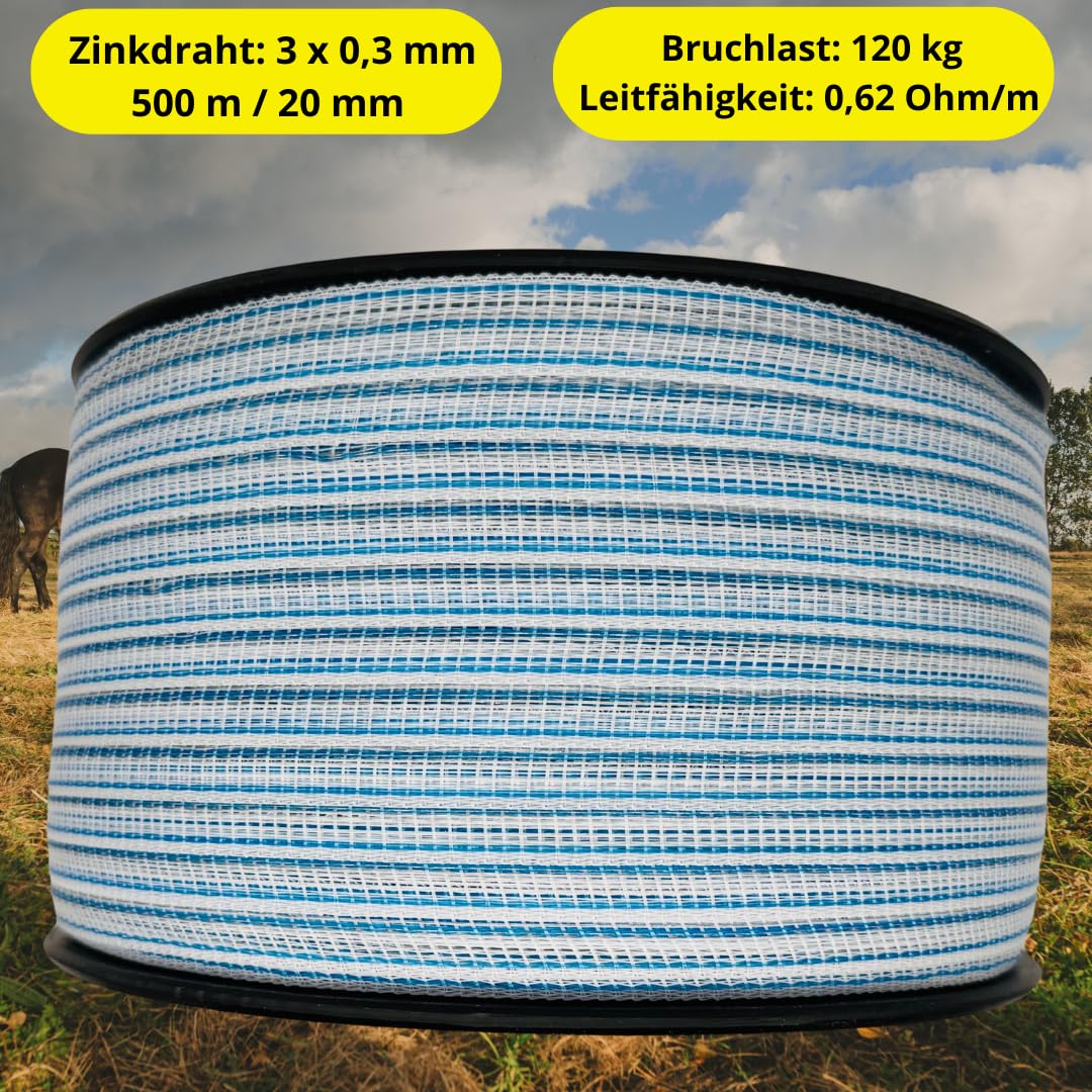 SOLID Weidezaunband 500m / 20mm – Elektrozaunband mit 3x 0,30mm Zinkleitern – weiß-blau – UV-beständig – für Pferde, Rinder, Ziegen, lange Zäune